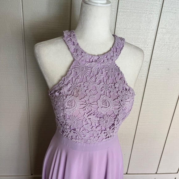 LULU Lavender Halter Lace Dress with Slit - Picture 6 of 12
